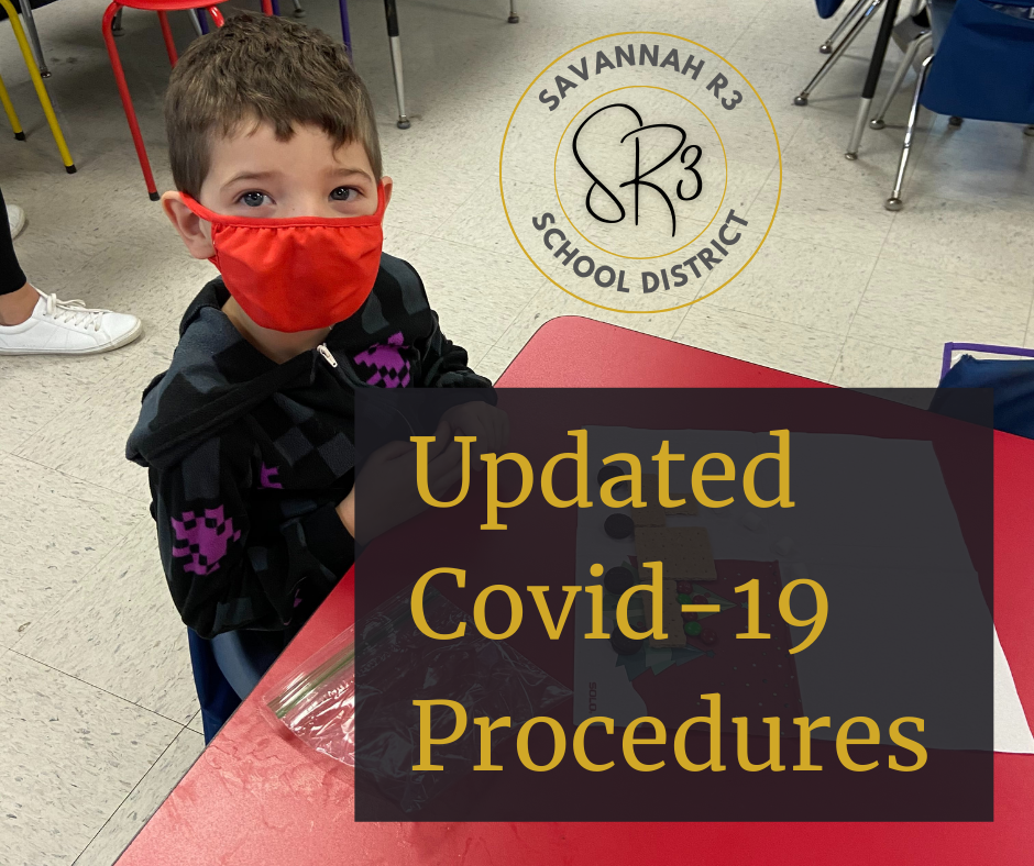 Child in a red mask.  Text reads: Updated Covid-19 Procedures 