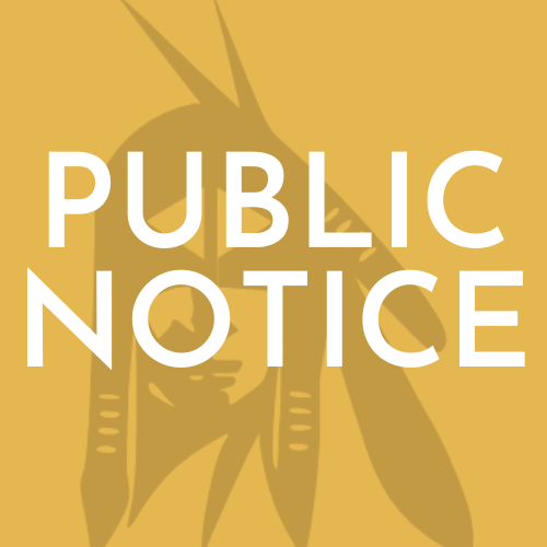 Gold Background with black savage head watermark.  White lettering reads Public Notice 