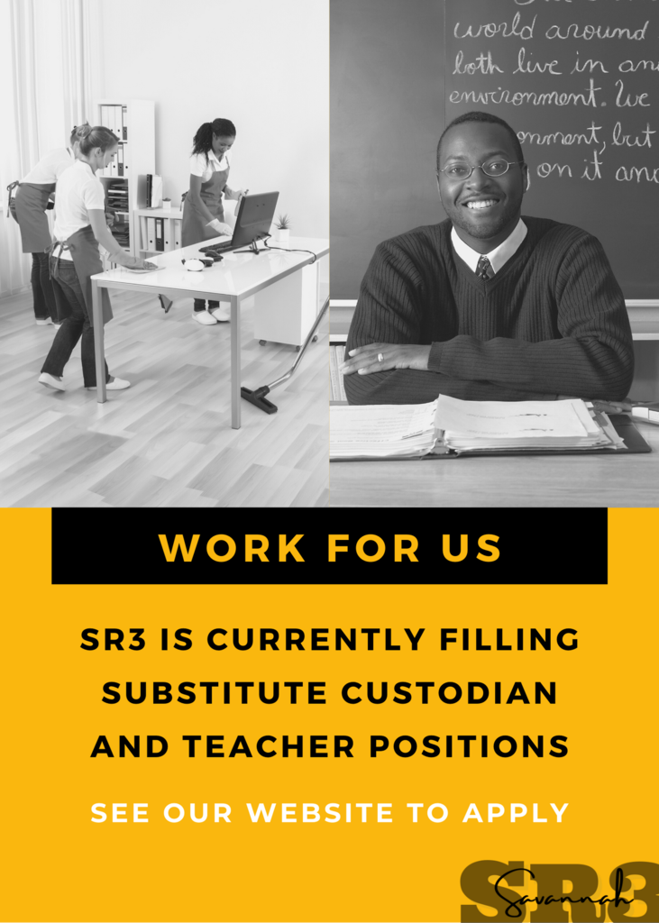 work for us flyer. SR3 is looking for substitute custodians and teachers. see our website to apply.