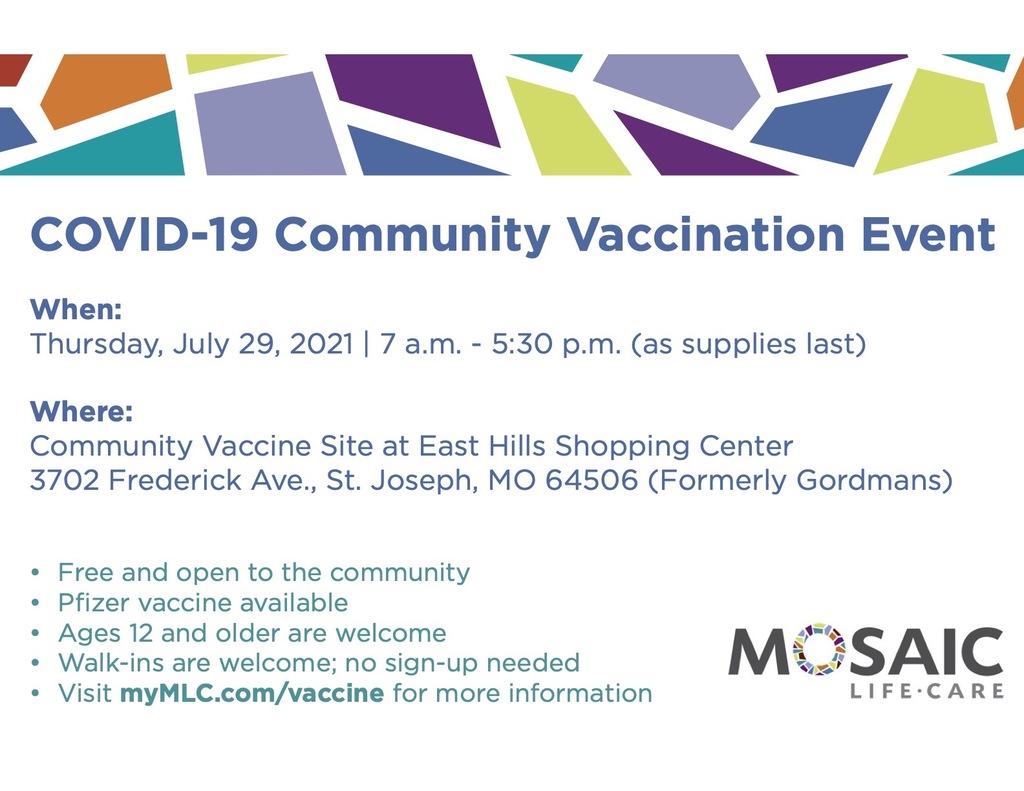 Covid-19 community vaccination Event. Thursday, July 29th. 7am to 5:30pm