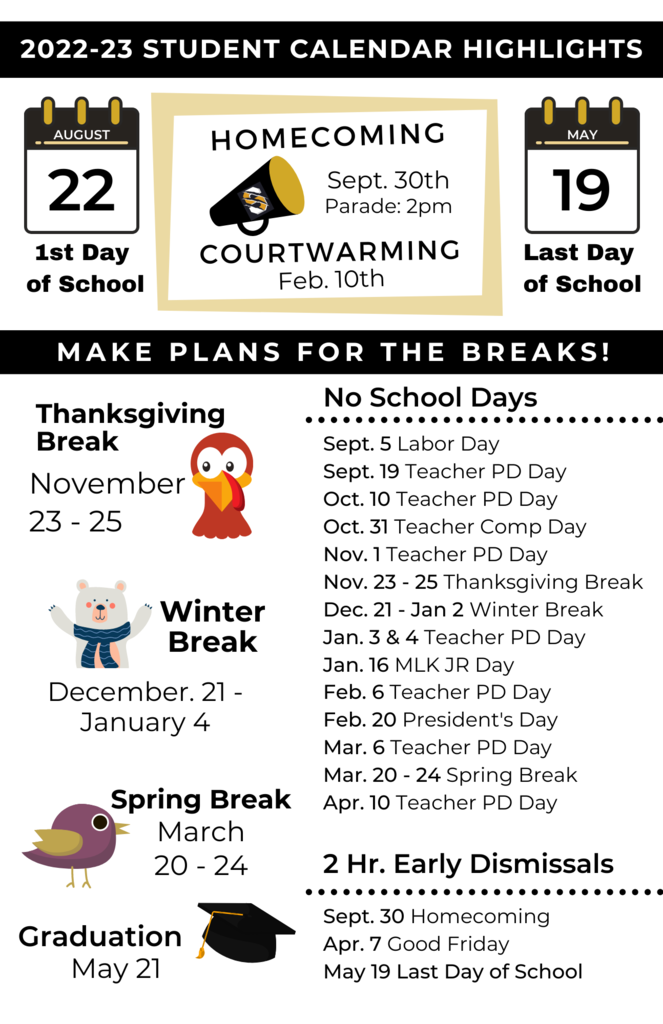 2022-23 student Calendar highlights