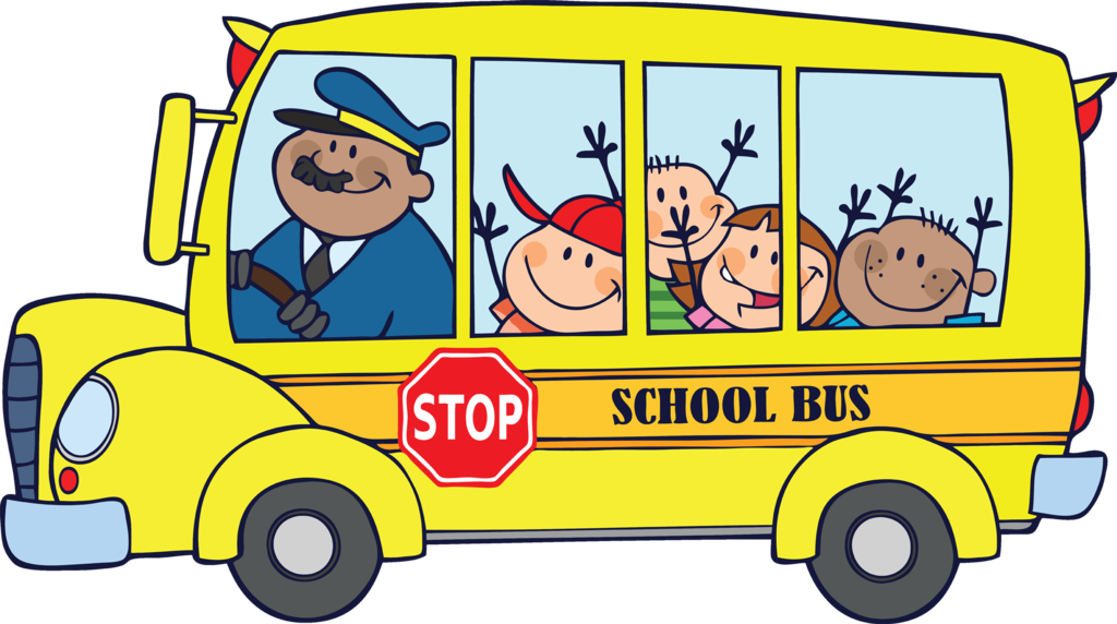 School Bus with a driver in blue suit and 4 happy children
