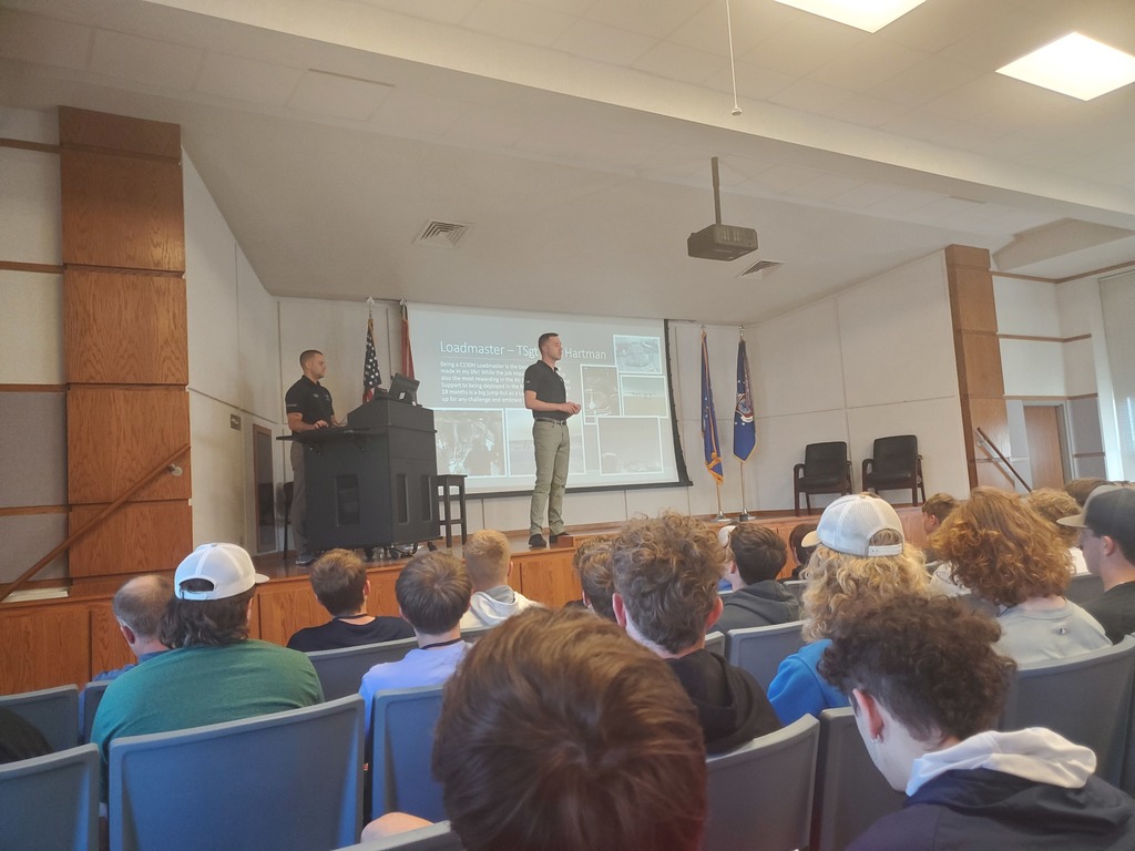 Members of the air force talk to a group of high school students 
