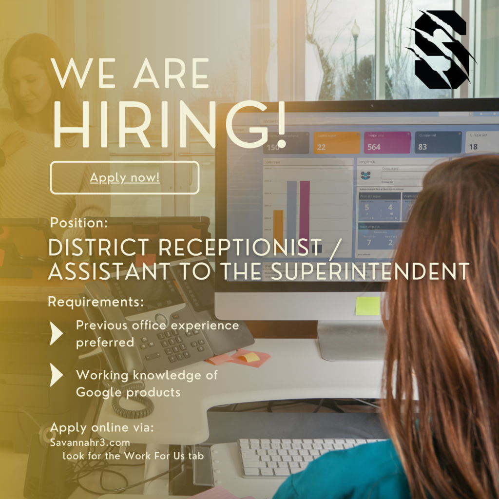 We're hiring district receiptionist/ Assistant to the Superintendent.  see our webite to apply https://bit.ly/sr3jobs